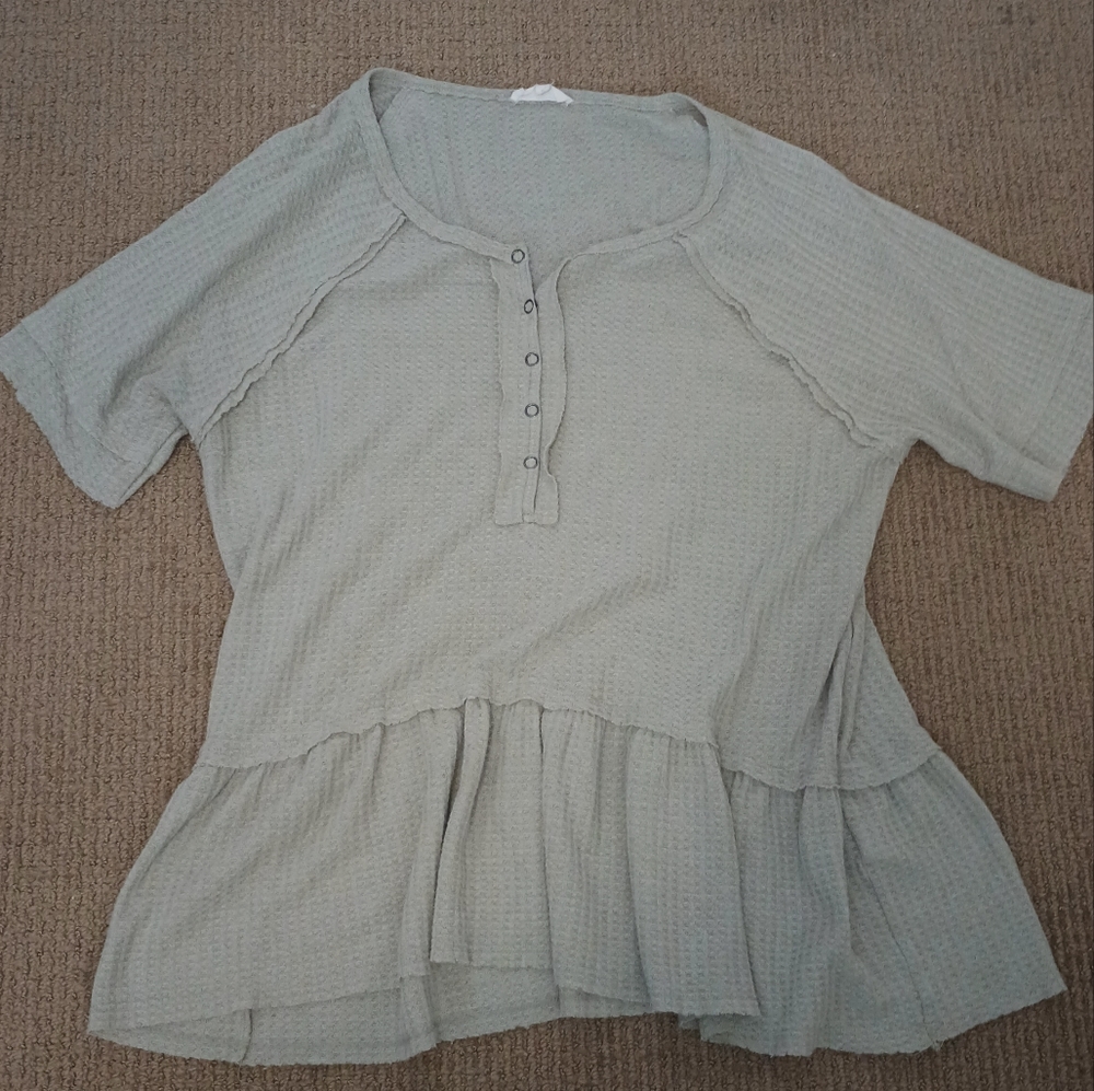 Pale Sage Green Oversized Short Sleeve Peplum Waffle Knit Top